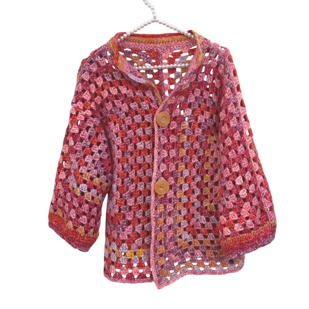 Colorful Crochet Hexi Cardigan Boho Cottagecore Handmade Granny Square Sweater S